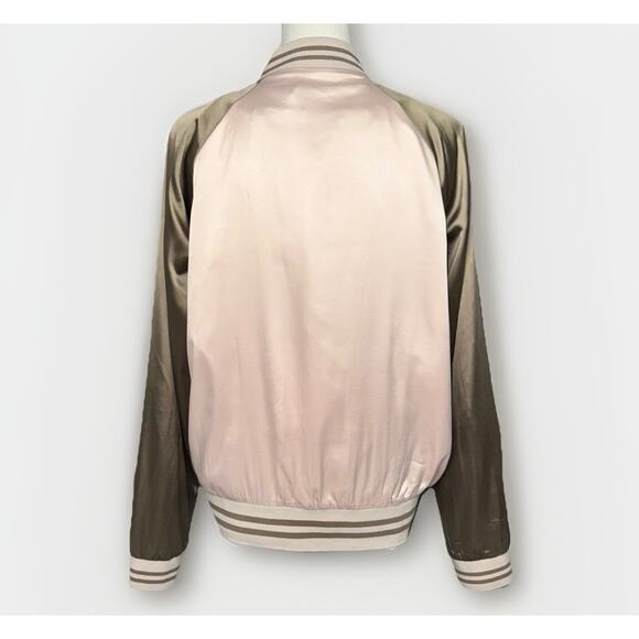 NWT Hem & Thread Medium Pink Champagne Sage Satin Bomber Jacket Zip Retro Raglan - Picture 3 of 6